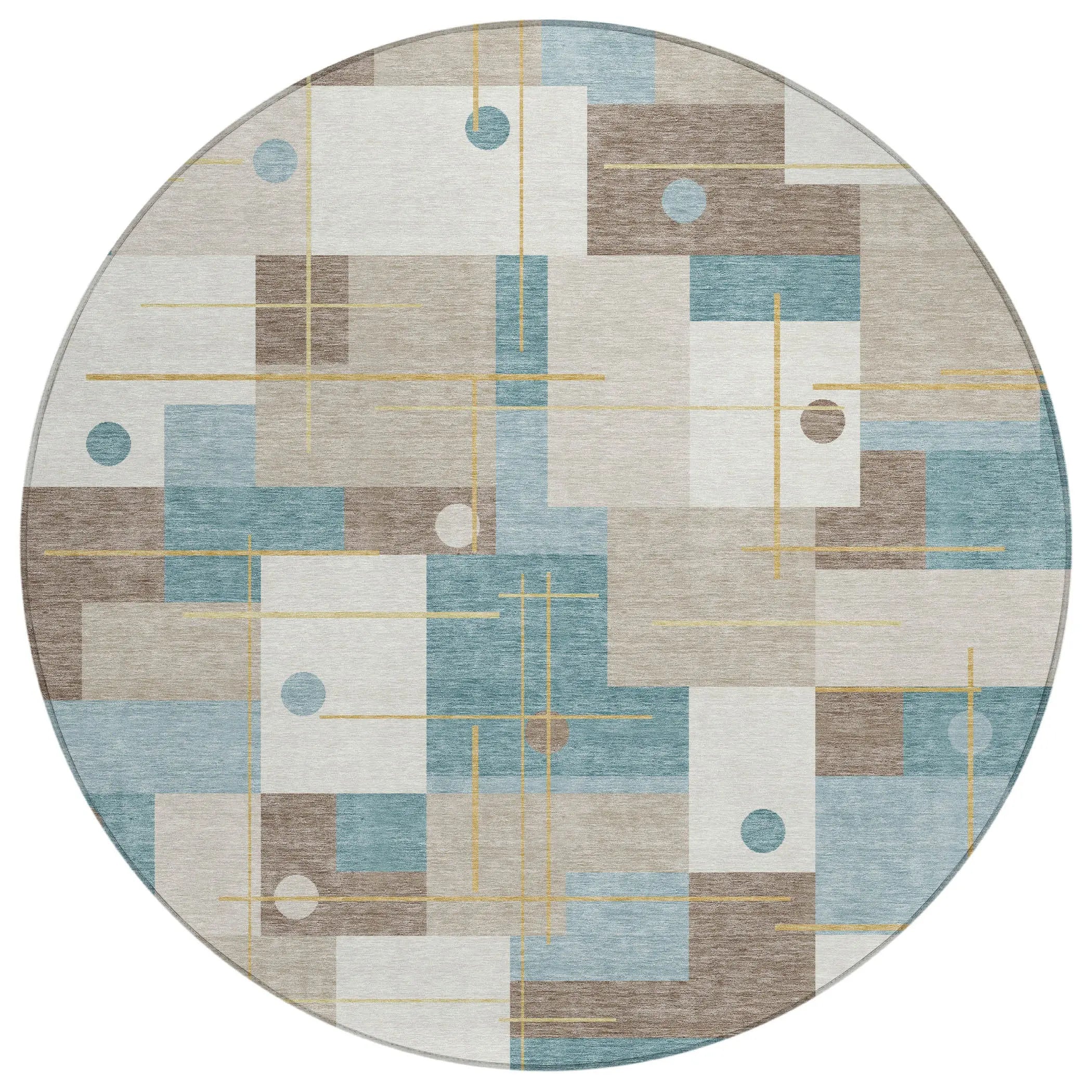 8' Ivory And Khaki Round Geometric Washable Indoor Outdoor Area Rug Homeroots Outdoor