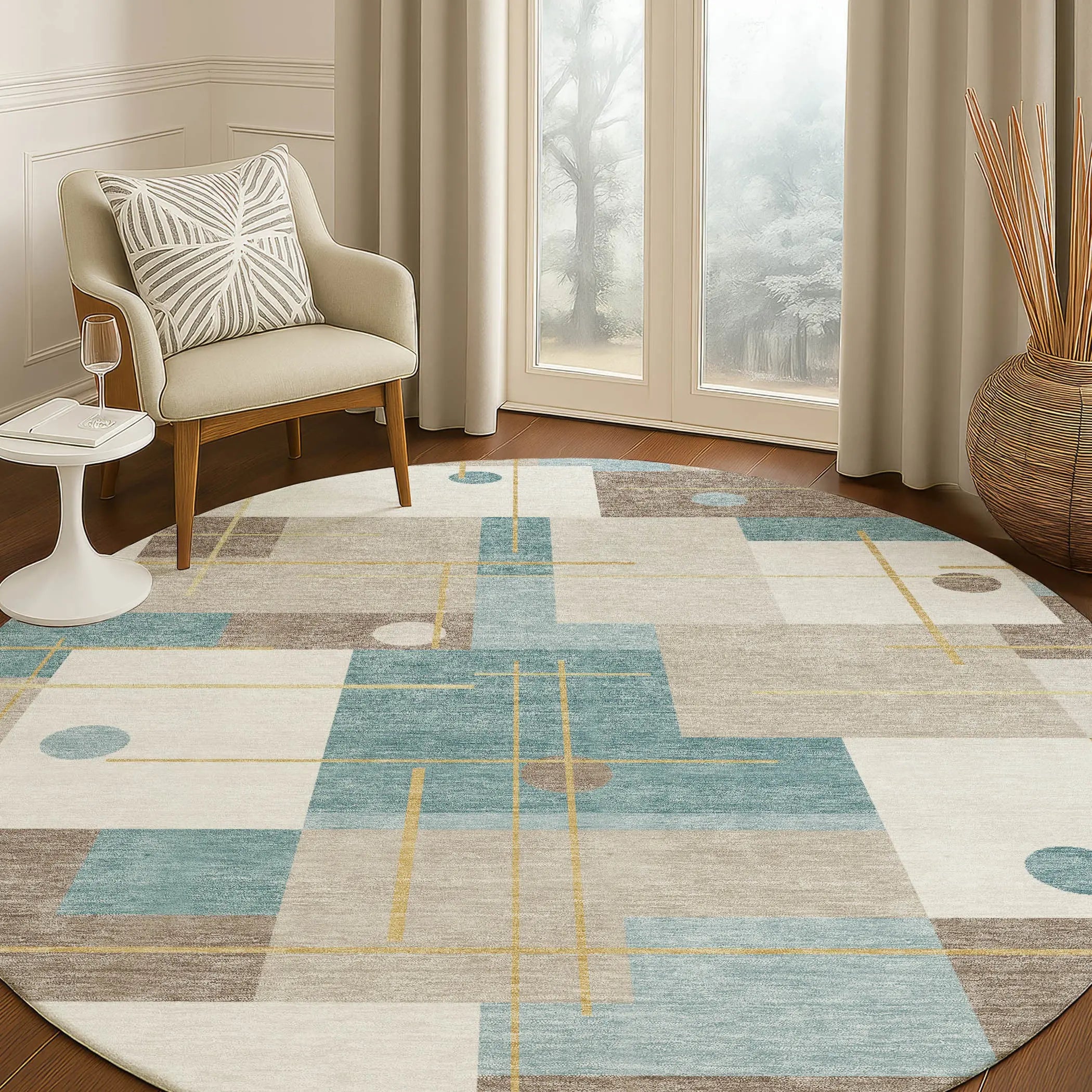 8' Ivory And Khaki Round Geometric Washable Indoor Outdoor Area Rug Homeroots Outdoor