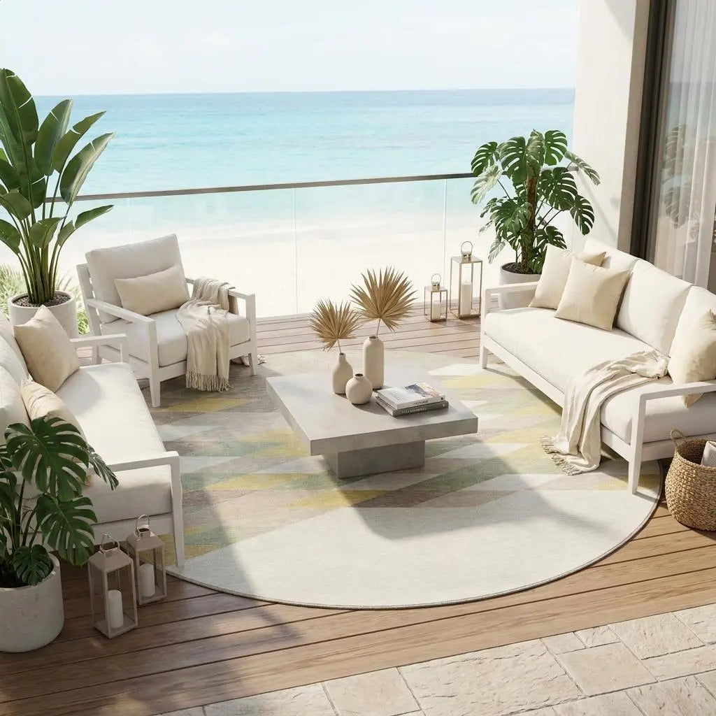 8' Ivory And Khaki Round Geometric Washable Indoor Outdoor Area Rug Homeroots Outdoor