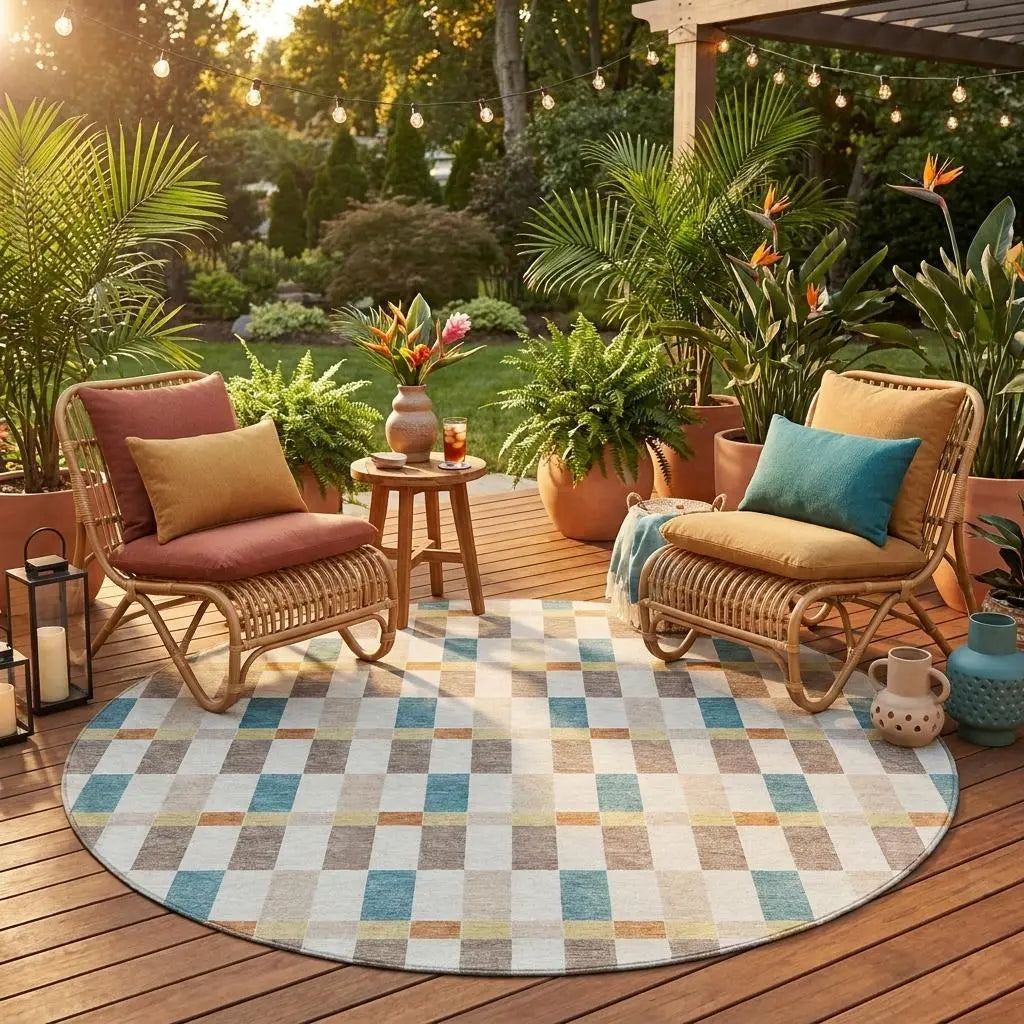 8' Ivory And Khaki Round Geometric Washable Indoor Outdoor Area Rug Homeroots Outdoor