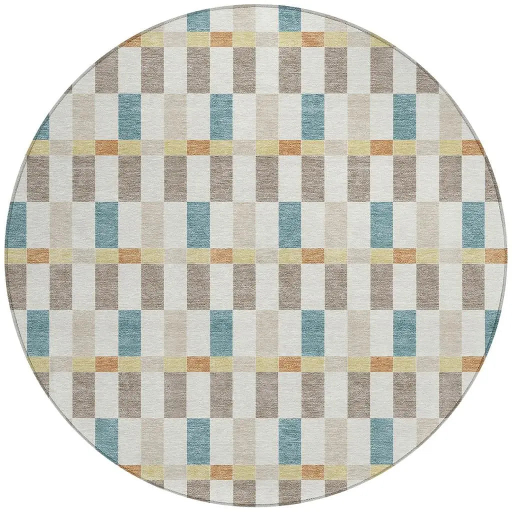 8' Ivory And Khaki Round Geometric Washable Indoor Outdoor Area Rug Homeroots Outdoor