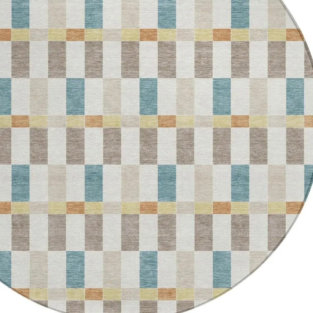 8' Ivory And Khaki Round Geometric Washable Indoor Outdoor Area Rug Homeroots Outdoor