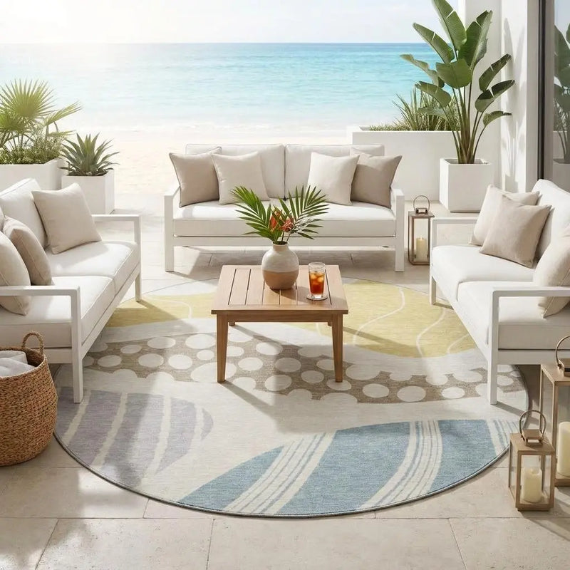 8' Ivory And Linen Round Abstract Washable Indoor Outdoor Area Rug Homeroots Outdoor
