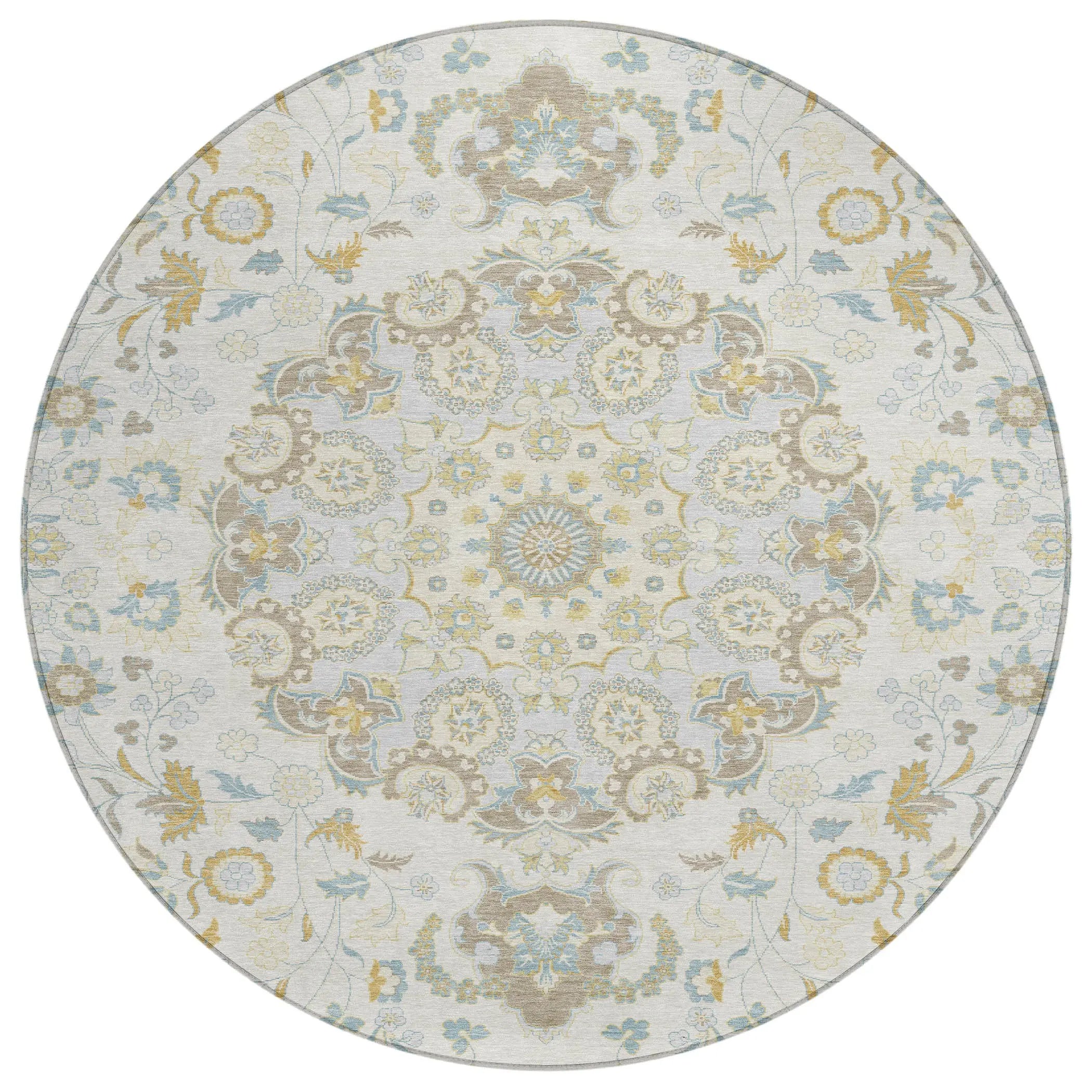 8' Ivory And Linen Round Damask Washable Indoor Outdoor Area Rug Homeroots Outdoor