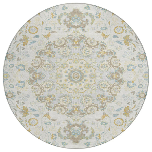8' Ivory And Linen Round Damask Washable Indoor Outdoor Area Rug Homeroots Outdoor