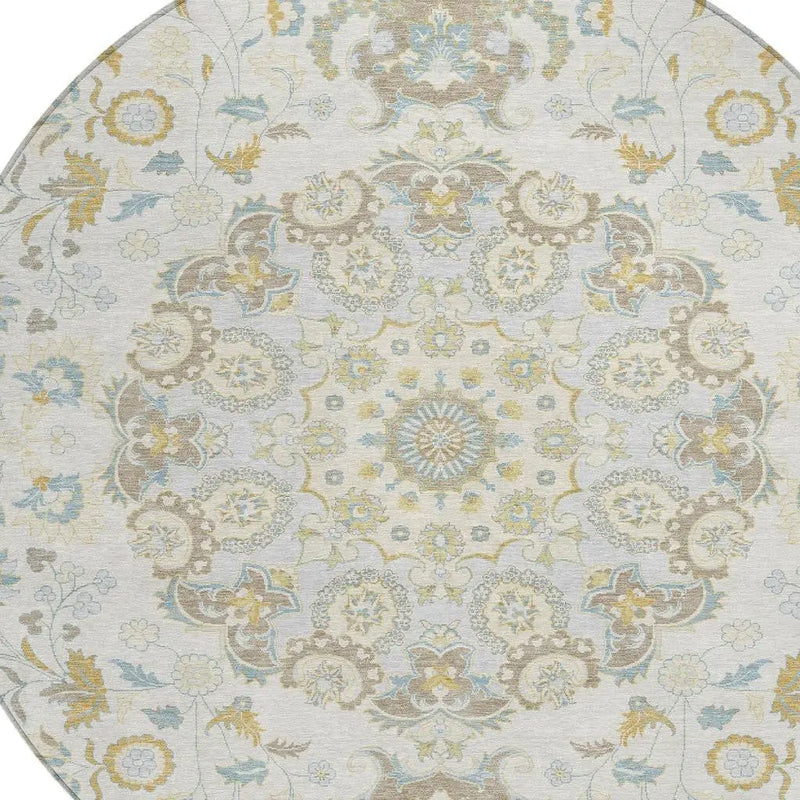 8' Ivory And Linen Round Damask Washable Indoor Outdoor Area Rug Homeroots Outdoor