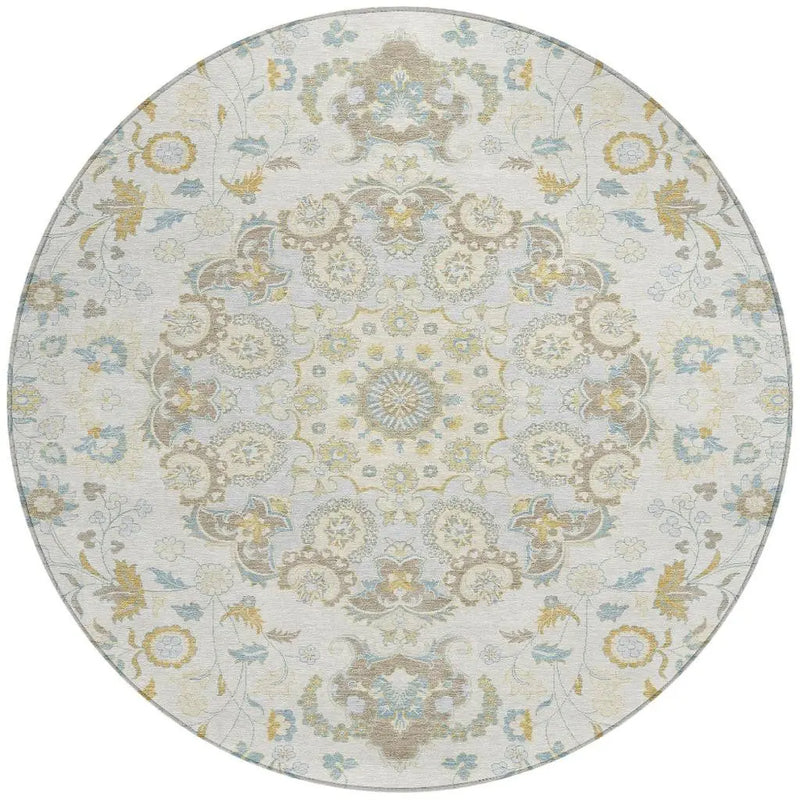8' Ivory And Linen Round Damask Washable Indoor Outdoor Area Rug Homeroots Outdoor