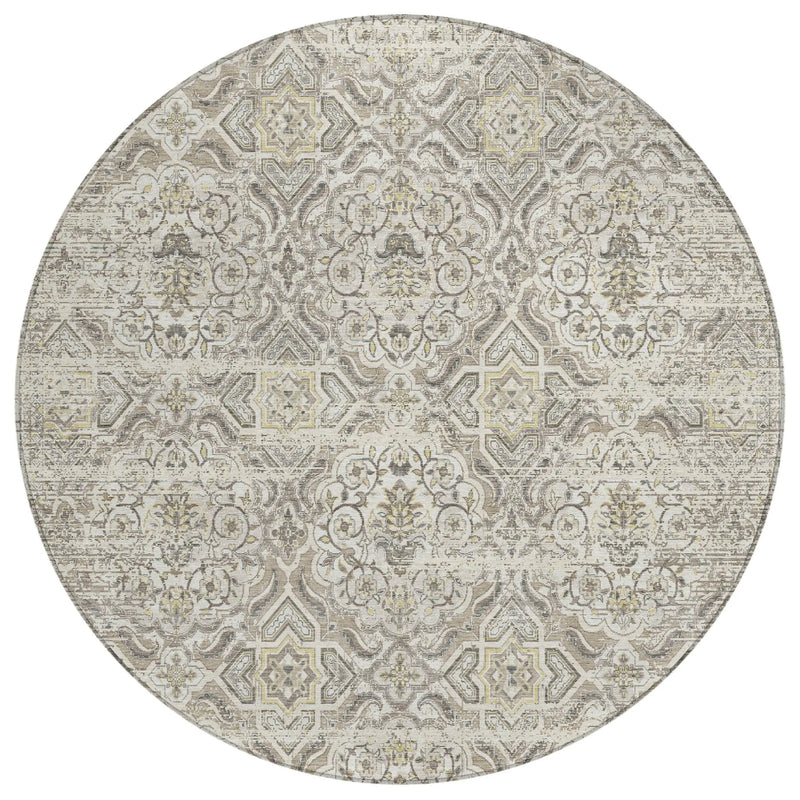 8' Ivory And Linen Round Floral Washable Indoor Outdoor Area Rug Homeroots Outdoor