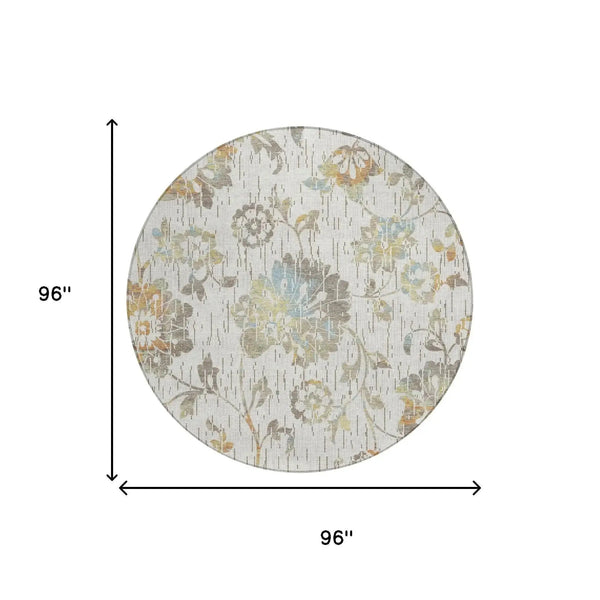 8' Ivory And Linen Round Floral Washable Indoor Outdoor Area Rug Homeroots Outdoor