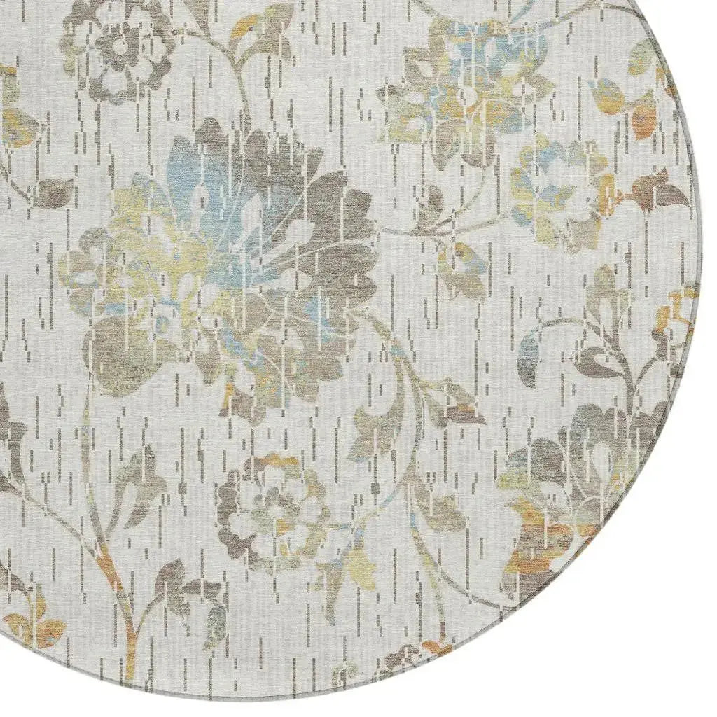 8' Ivory And Linen Round Floral Washable Indoor Outdoor Area Rug Homeroots Outdoor