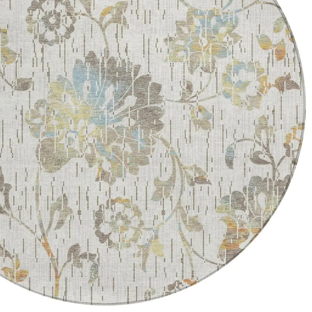 8' Ivory And Linen Round Floral Washable Indoor Outdoor Area Rug Homeroots Outdoor