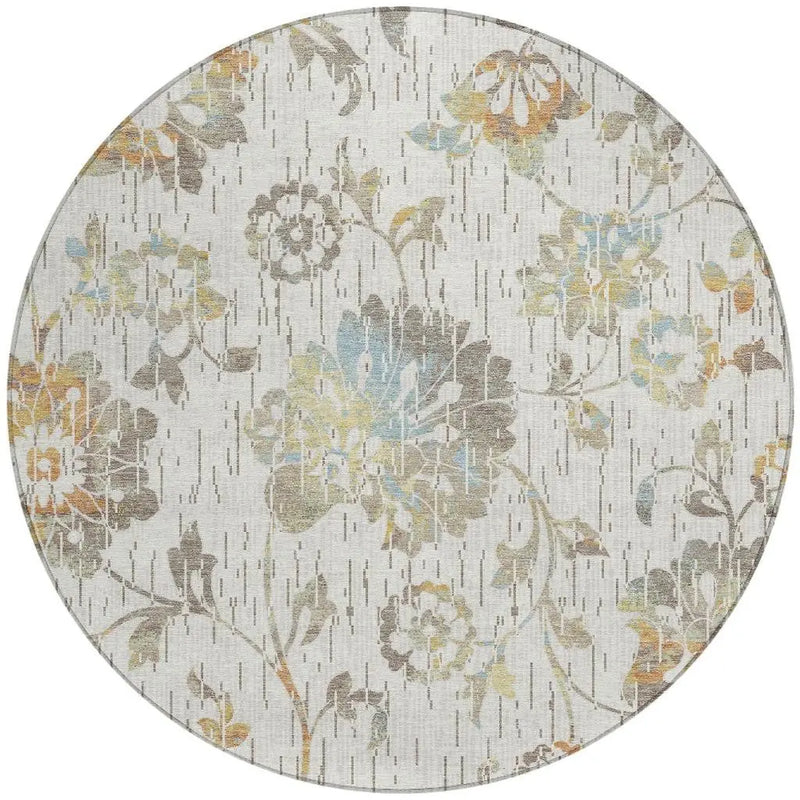 8' Ivory And Linen Round Floral Washable Indoor Outdoor Area Rug Homeroots Outdoor