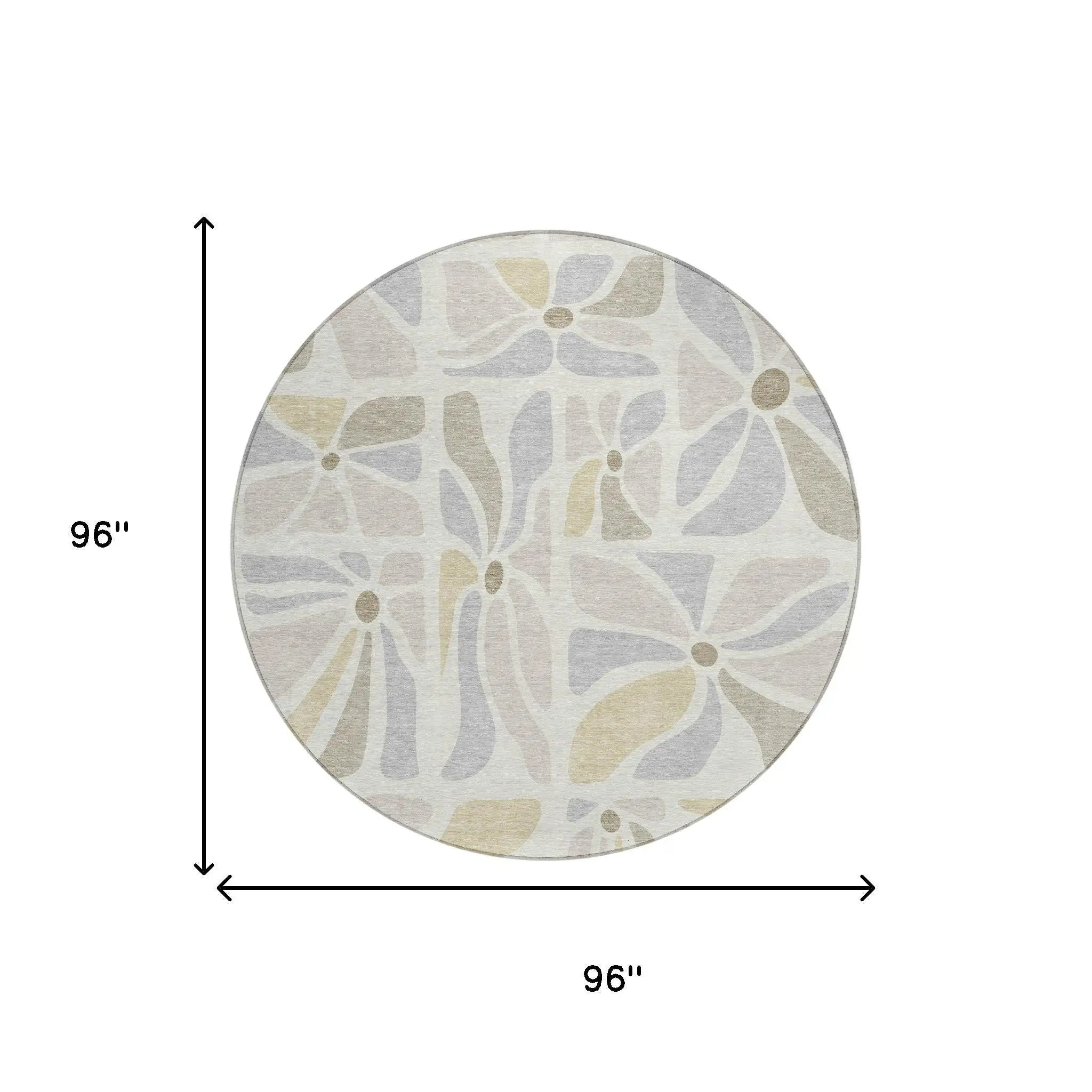 8' Ivory And Linen Round Floral Washable Indoor Outdoor Area Rug Homeroots Outdoor