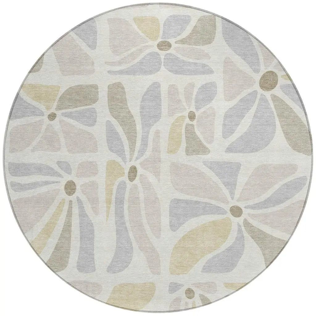 8' Ivory And Linen Round Floral Washable Indoor Outdoor Area Rug Homeroots Outdoor