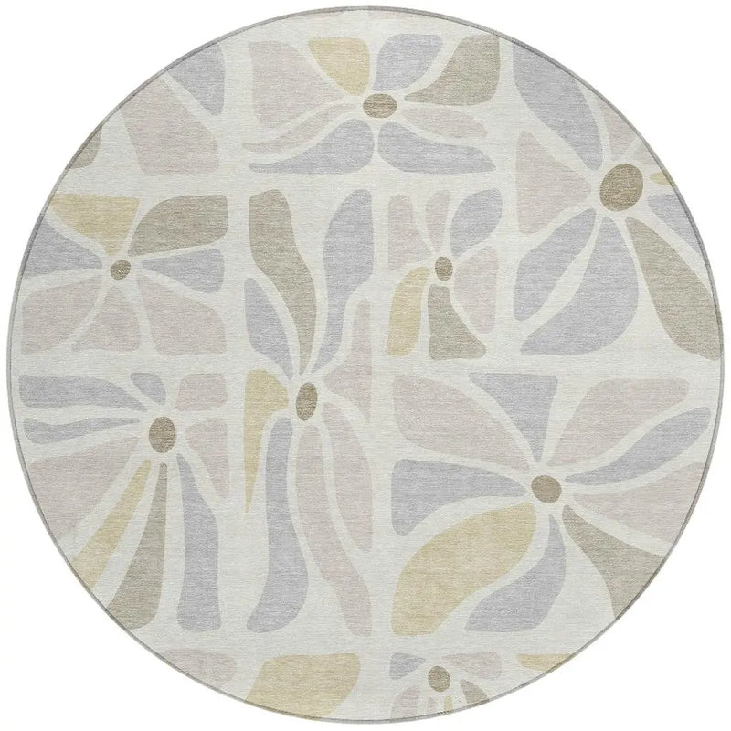 8' Ivory And Linen Round Floral Washable Indoor Outdoor Area Rug Homeroots Outdoor