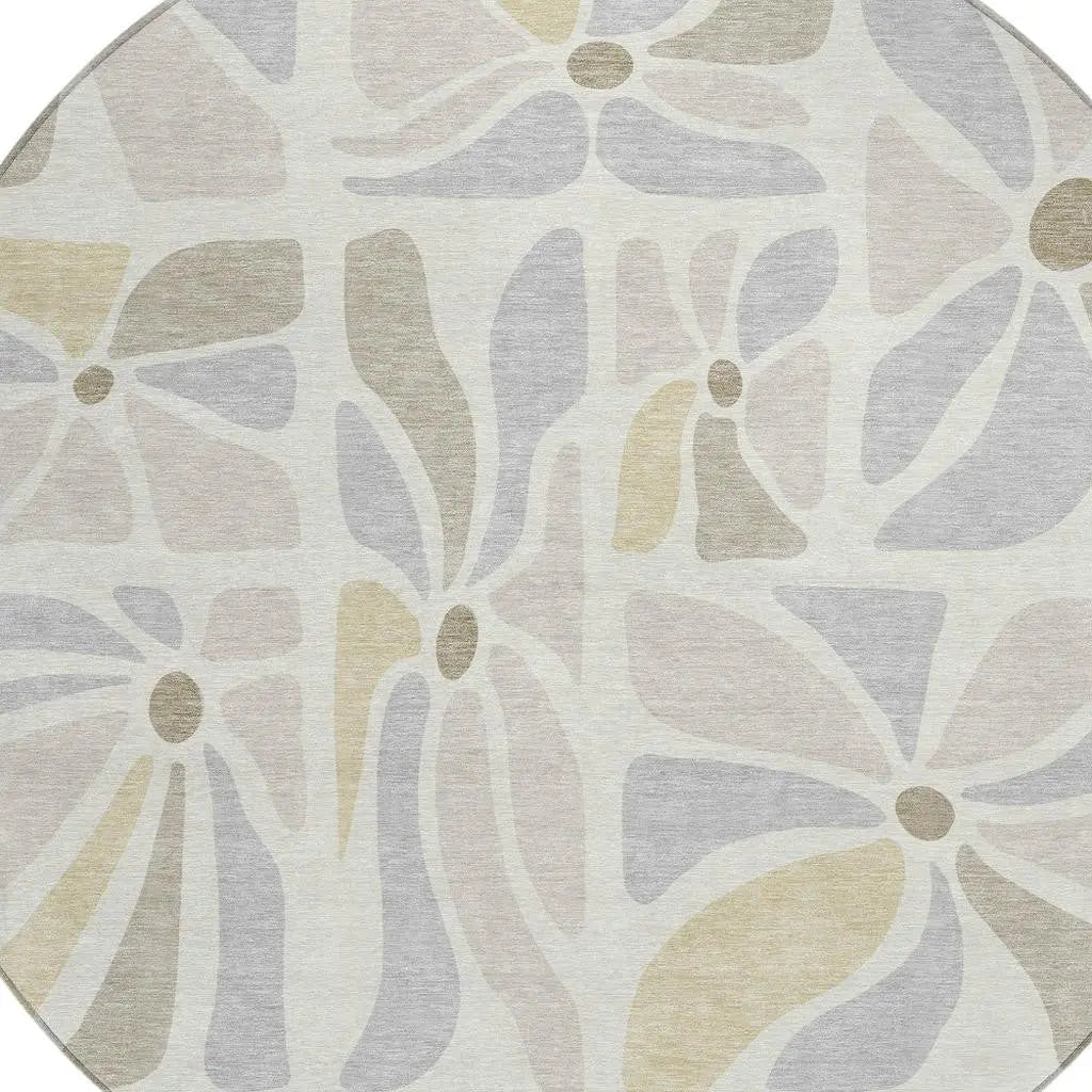 8' Ivory And Linen Round Floral Washable Indoor Outdoor Area Rug Homeroots Outdoor