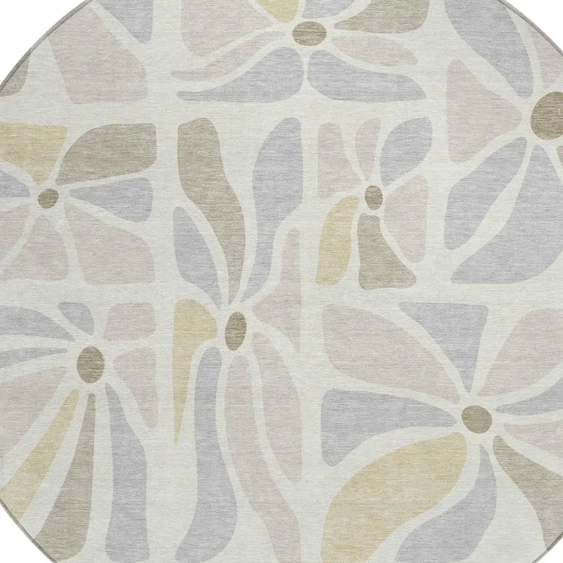 8' Ivory And Linen Round Floral Washable Indoor Outdoor Area Rug Homeroots Outdoor