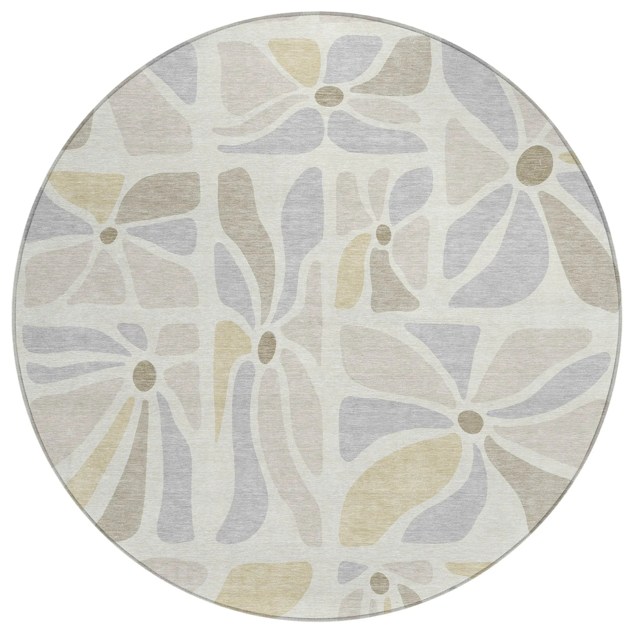 8' Ivory And Linen Round Floral Washable Indoor Outdoor Area Rug Homeroots Outdoor