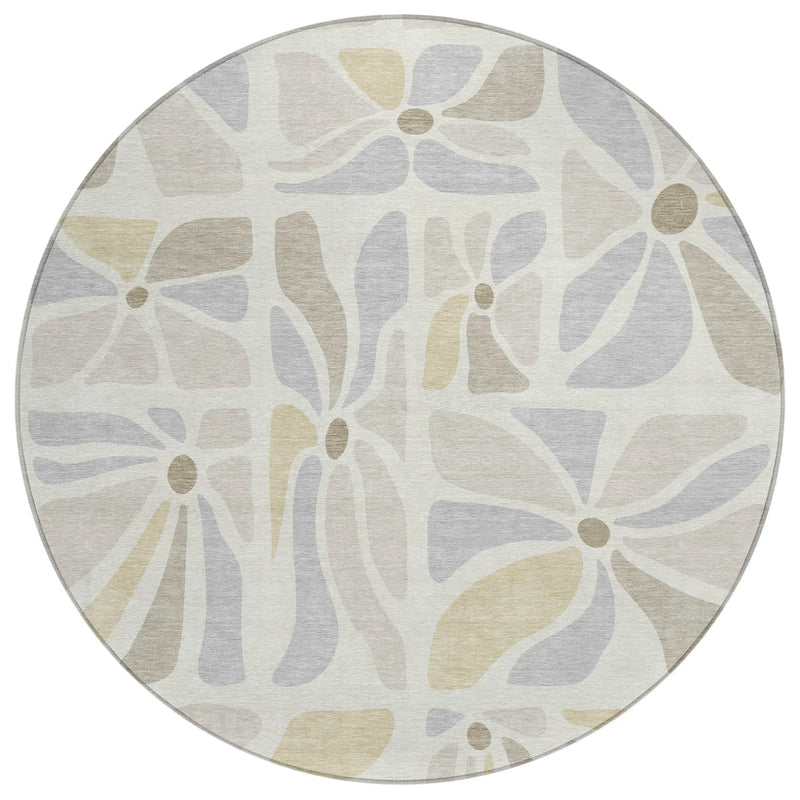 8' Ivory And Linen Round Floral Washable Indoor Outdoor Area Rug Homeroots Outdoor