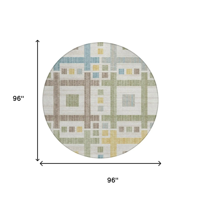 8' Ivory And Linen Round Geometric Washable Indoor Outdoor Area Rug Homeroots Outdoor