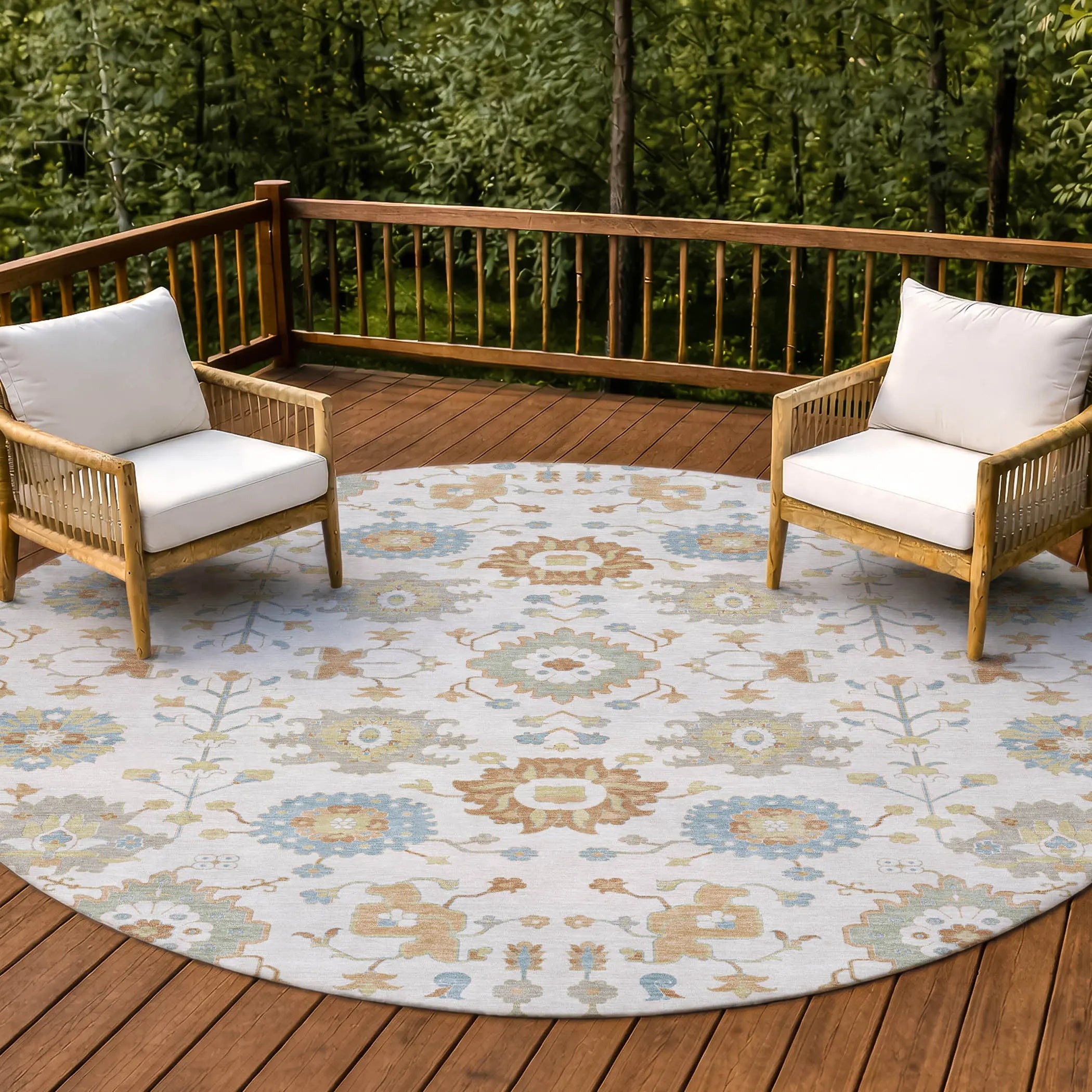 8' Ivory And Linen Round Geometric Washable Indoor Outdoor Area Rug Homeroots Outdoor