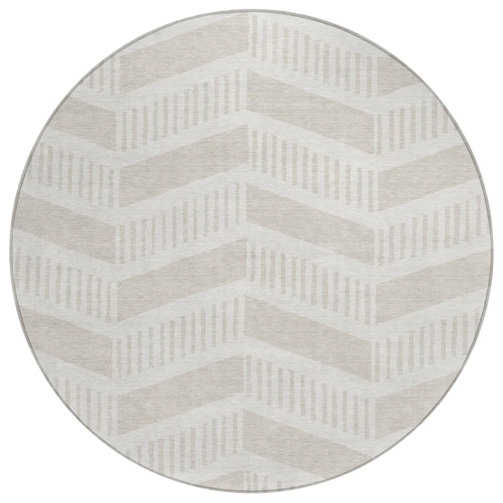 8' Ivory And Linen Round Geometric Washable Indoor Outdoor Area Rug Homeroots Outdoor