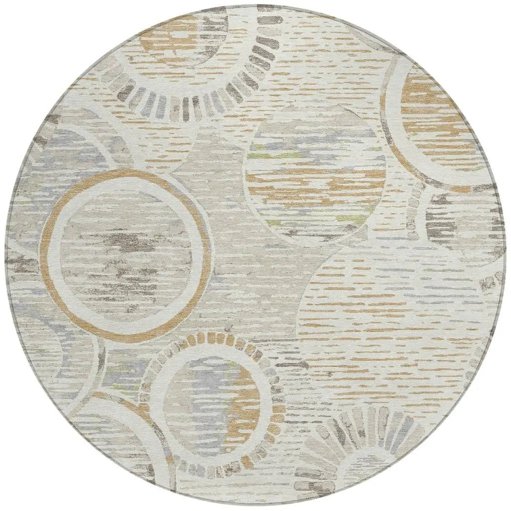 8' Ivory And Linen Round Geometric Washable Indoor Outdoor Area Rug Homeroots Outdoor