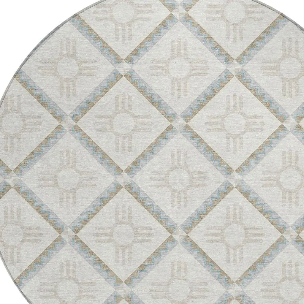 8' Ivory And Linen Round Geometric Washable Indoor Outdoor Area Rug Homeroots Outdoor