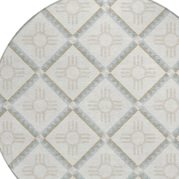 8' Ivory And Linen Round Geometric Washable Indoor Outdoor Area Rug Homeroots Outdoor