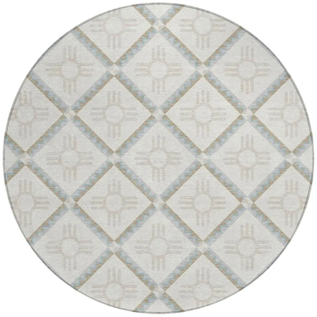 8' Ivory And Linen Round Geometric Washable Indoor Outdoor Area Rug Homeroots Outdoor