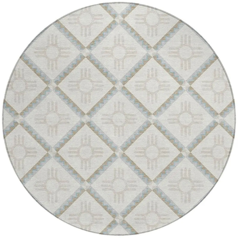 8' Ivory And Linen Round Geometric Washable Indoor Outdoor Area Rug Homeroots Outdoor