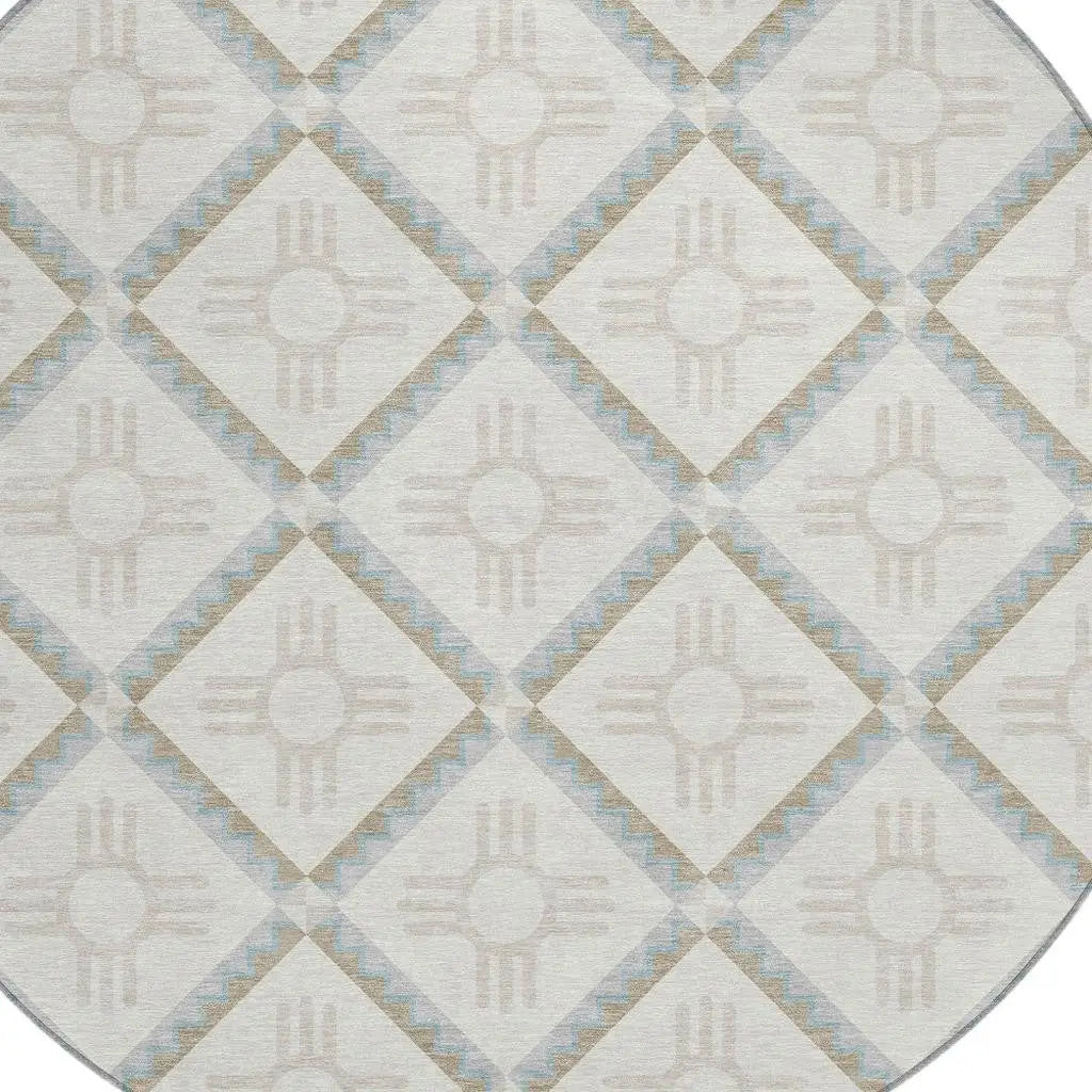 8' Ivory And Linen Round Geometric Washable Indoor Outdoor Area Rug Homeroots Outdoor