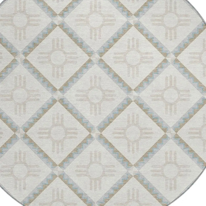 8' Ivory And Linen Round Geometric Washable Indoor Outdoor Area Rug Homeroots Outdoor