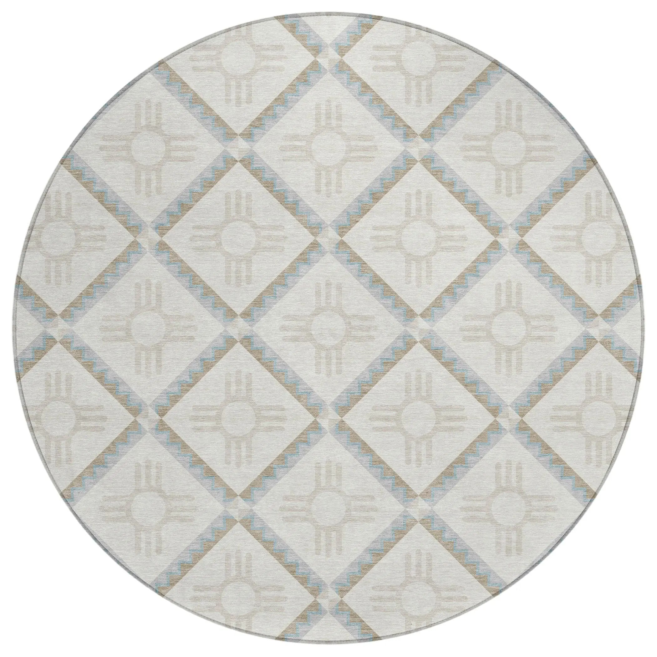 8' Ivory And Linen Round Geometric Washable Indoor Outdoor Area Rug Homeroots Outdoor