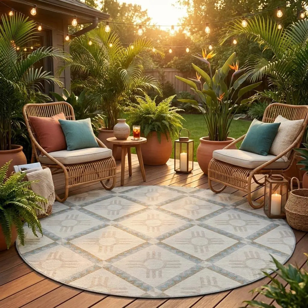 8' Ivory And Linen Round Geometric Washable Indoor Outdoor Area Rug Homeroots Outdoor