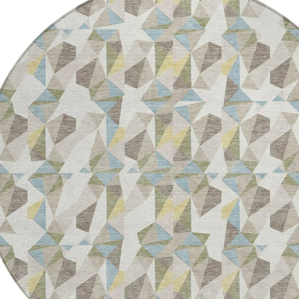 8' Ivory And Linen Round Geometric Washable Indoor Outdoor Area Rug Homeroots Outdoor