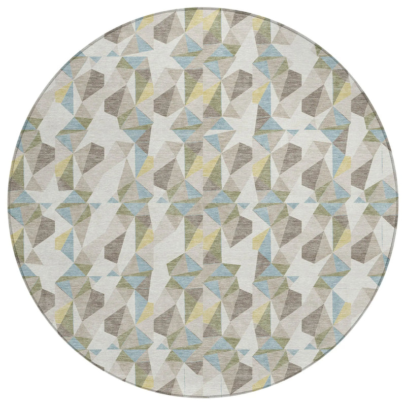 8' Ivory And Linen Round Geometric Washable Indoor Outdoor Area Rug Homeroots Outdoor