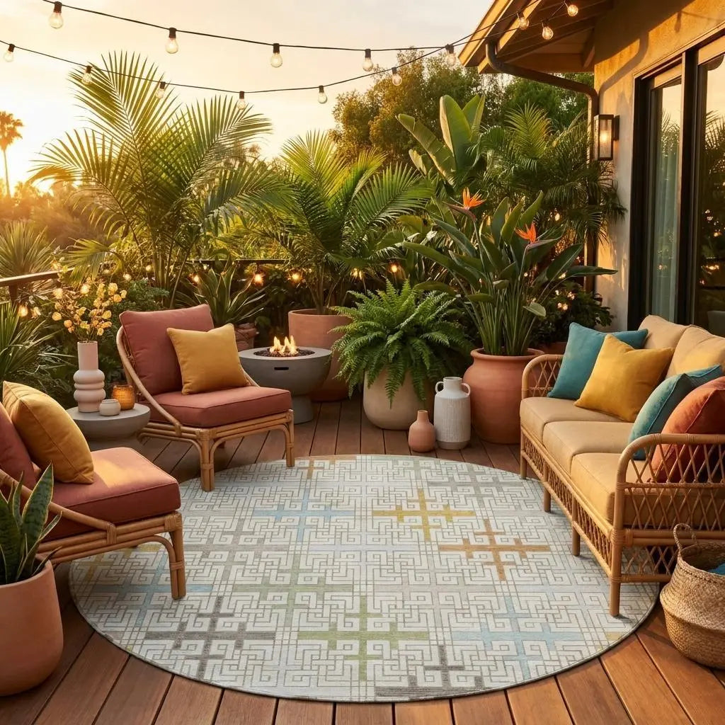 8' Ivory And Linen Round Geometric Washable Indoor Outdoor Area Rug Homeroots Outdoor