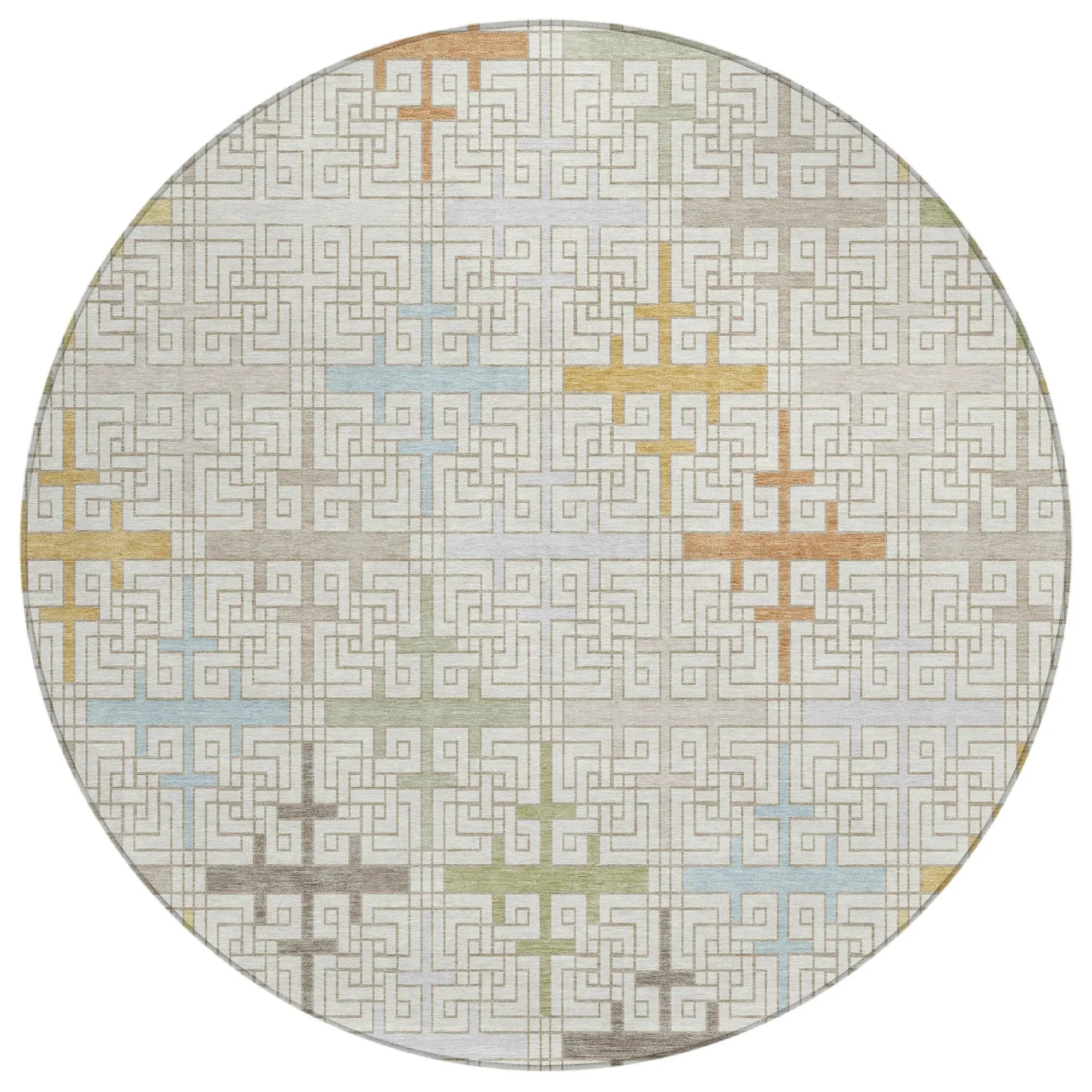 8' Ivory And Linen Round Geometric Washable Indoor Outdoor Area Rug Homeroots Outdoor