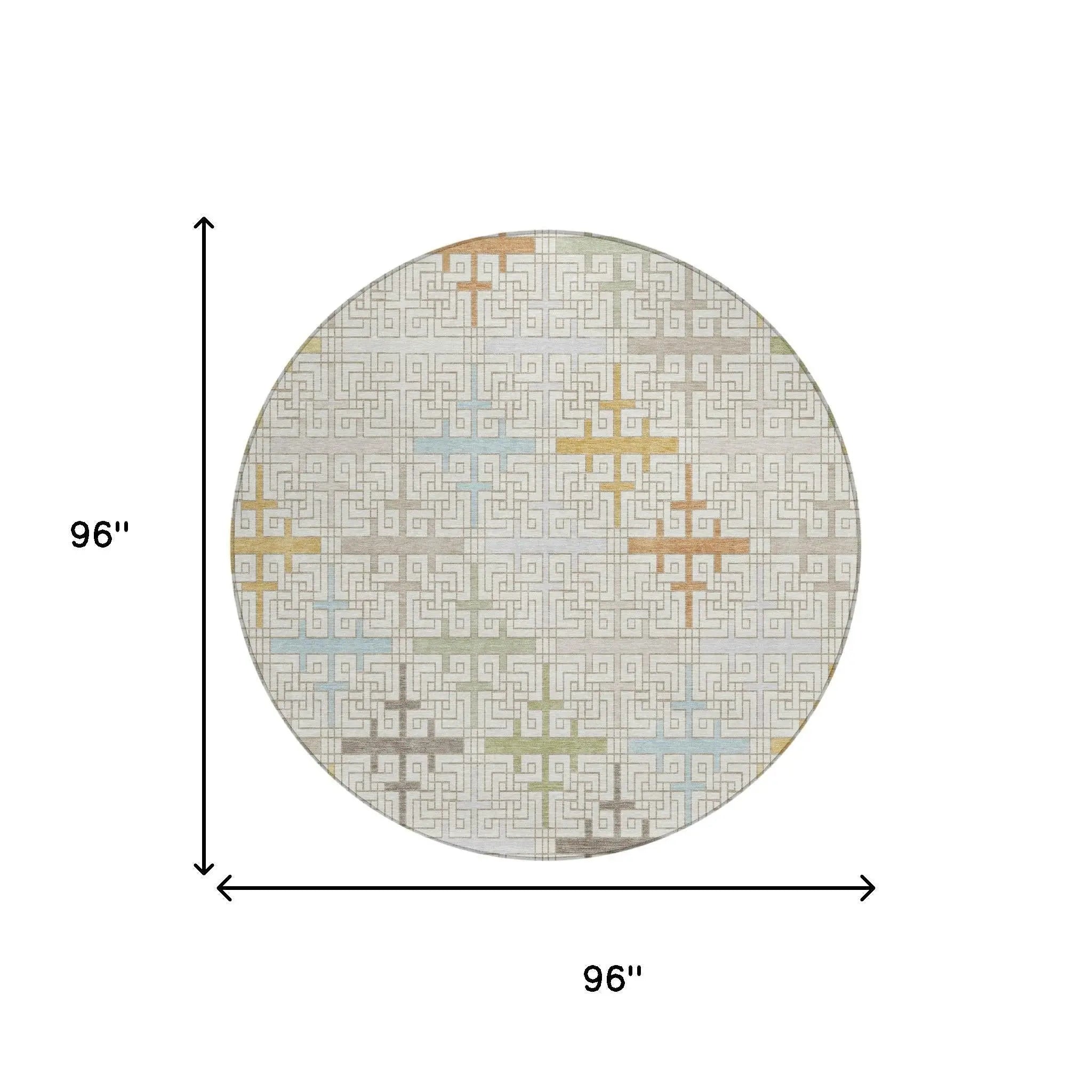 8' Ivory And Linen Round Geometric Washable Indoor Outdoor Area Rug Homeroots Outdoor