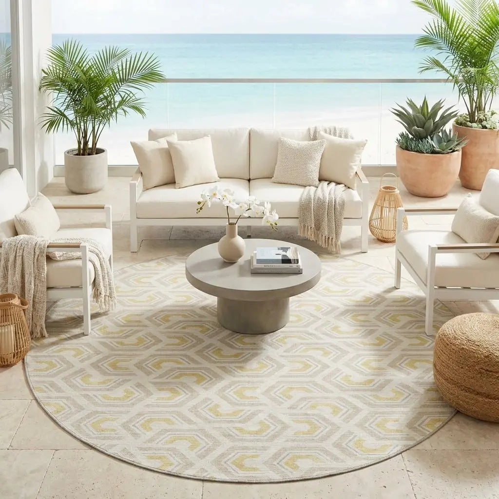 8' Ivory And Linen Round Geometric Washable Indoor Outdoor Area Rug Homeroots Outdoor