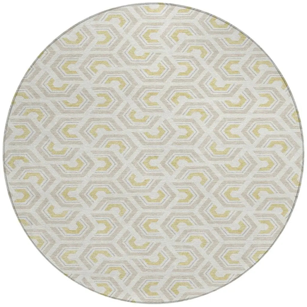 8' Ivory And Linen Round Geometric Washable Indoor Outdoor Area Rug Homeroots Outdoor