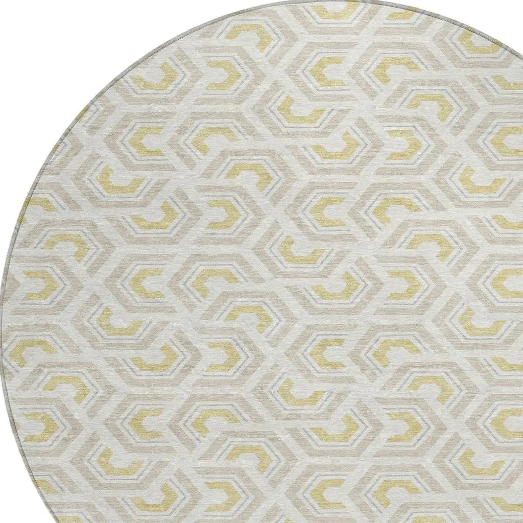 8' Ivory And Linen Round Geometric Washable Indoor Outdoor Area Rug Homeroots Outdoor