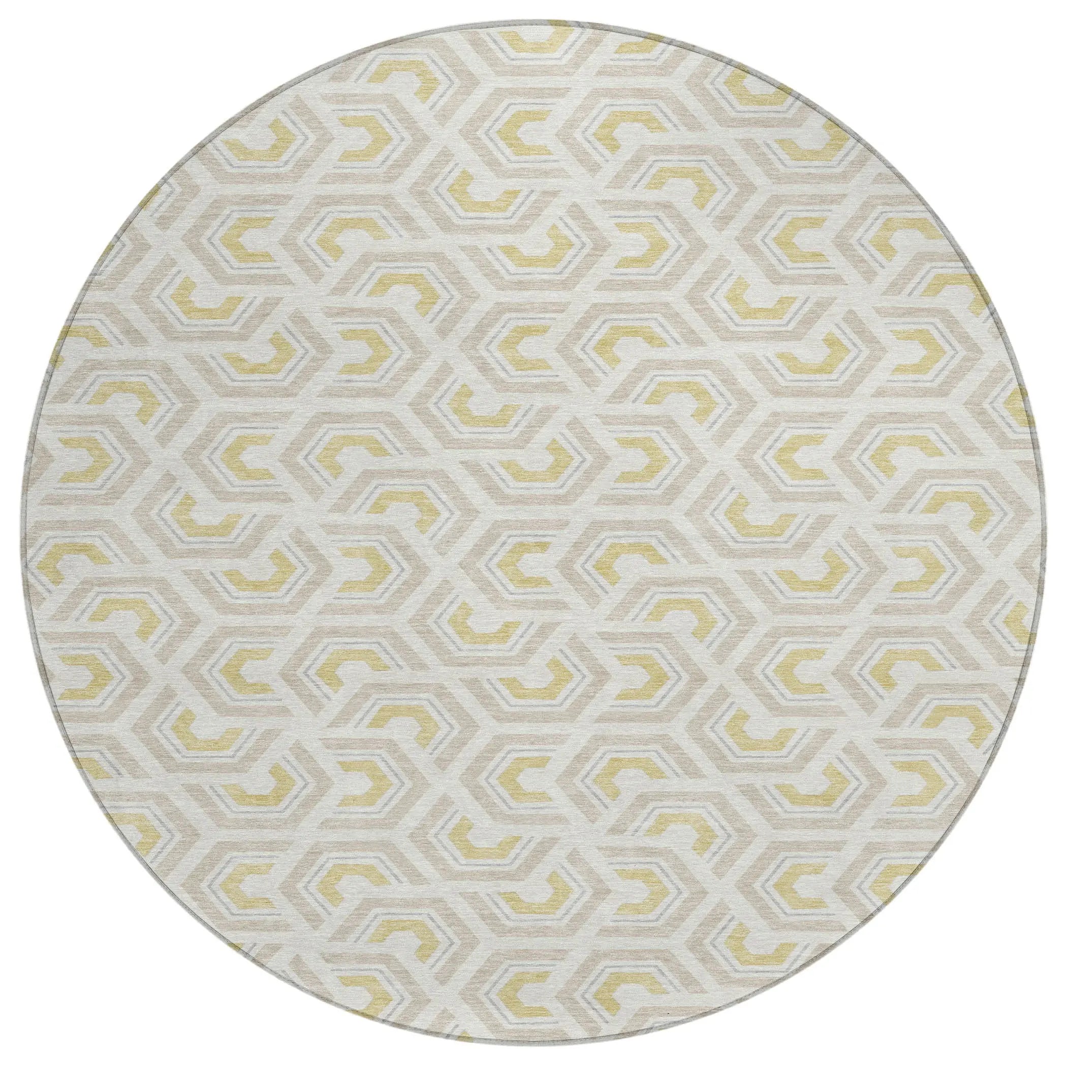 8' Ivory And Linen Round Geometric Washable Indoor Outdoor Area Rug Homeroots Outdoor