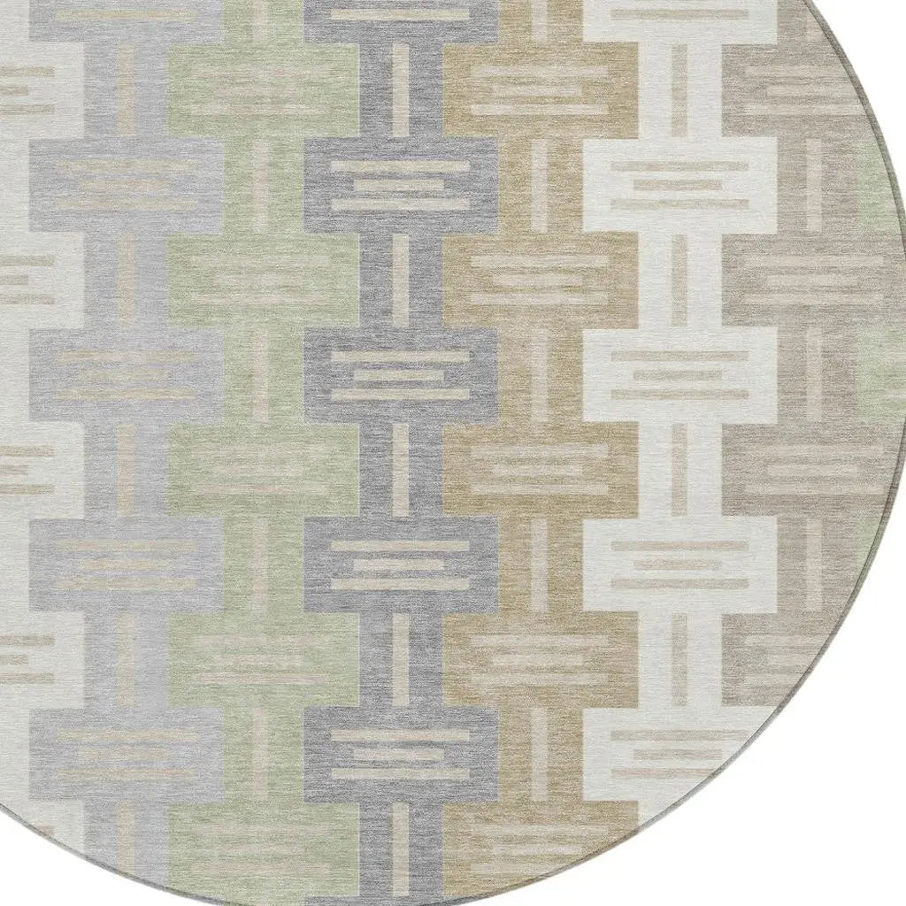 8' Ivory And Linen Round Geometric Washable Indoor Outdoor Area Rug Homeroots Outdoor
