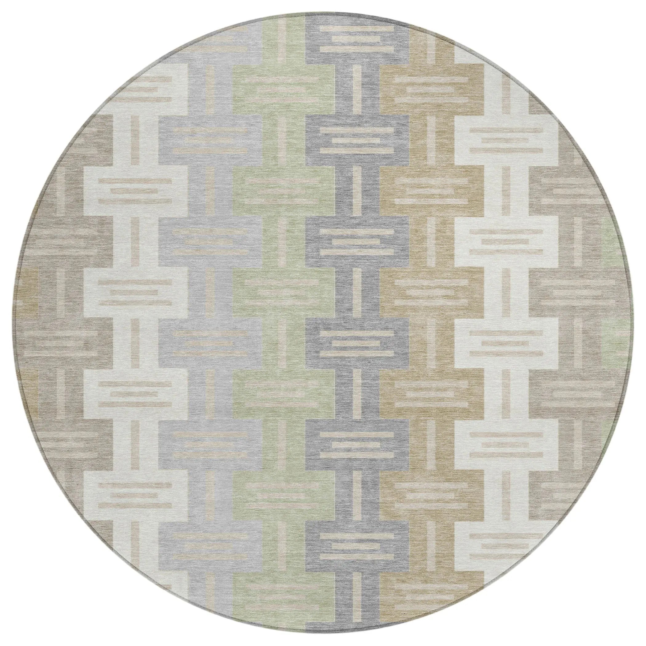 8' Ivory And Linen Round Geometric Washable Indoor Outdoor Area Rug Homeroots Outdoor