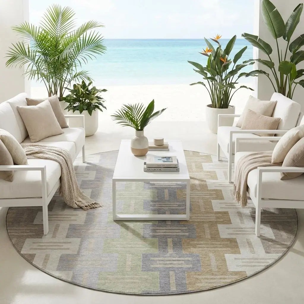 8' Ivory And Linen Round Geometric Washable Indoor Outdoor Area Rug Homeroots Outdoor
