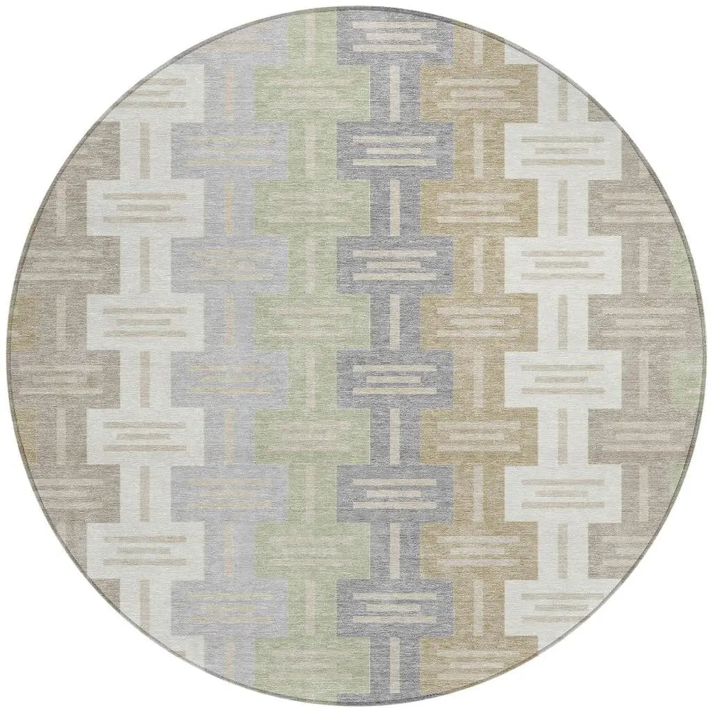8' Ivory And Linen Round Geometric Washable Indoor Outdoor Area Rug Homeroots Outdoor
