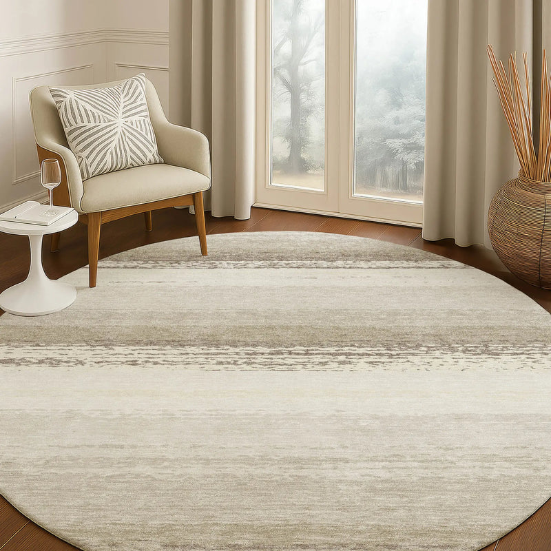 8' Ivory And Linen Round Striped Washable Indoor Outdoor Area Rug Homeroots Outdoor