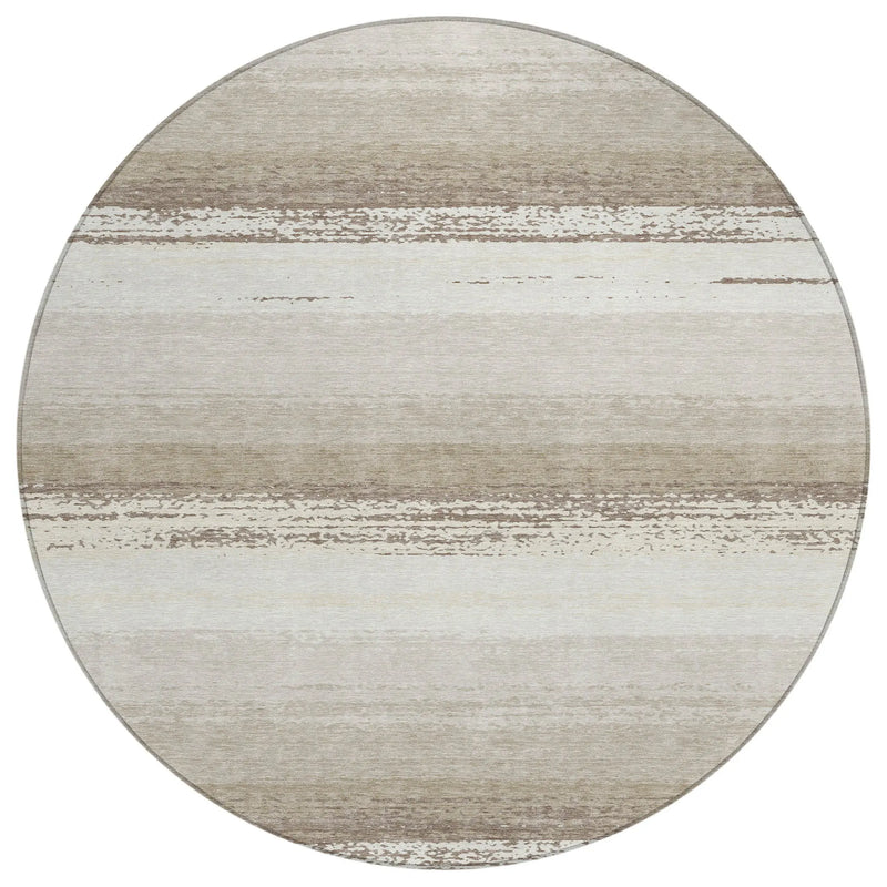 8' Ivory And Linen Round Striped Washable Indoor Outdoor Area Rug Homeroots Outdoor